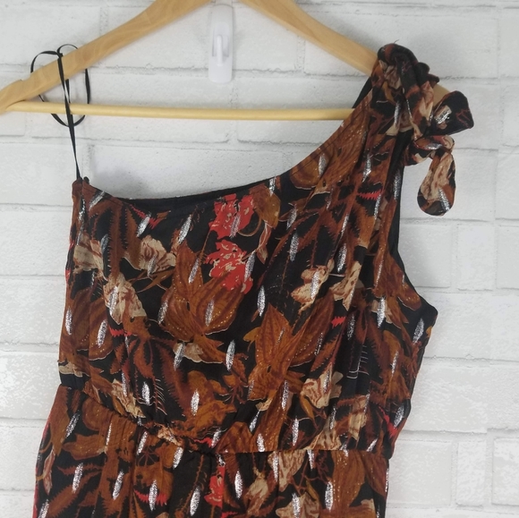 Anthropologie Sz 2 Maeve Kyoto Metallic Floral Jumpsuit Brown One Shoulder Crepe - Picture 3 of 12